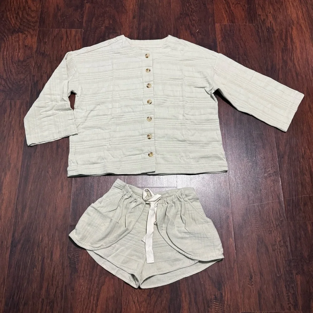 FREE PEOPLE Pippa Short Set 100% cotton Boxy Top & Shorts wrap closure Small NWT